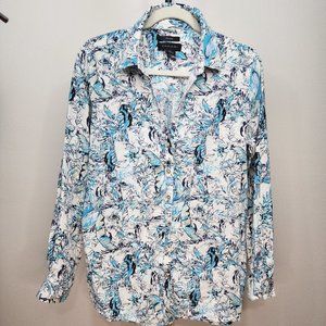Vibrant Tropical Bird & Floral Print Long Sleeve Linen Top by Tahari